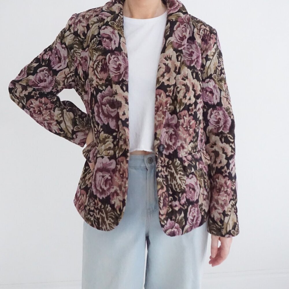 Vintage Dress Barn Rose Floral Tapestry Blazer Jacket Purple Black Textured L